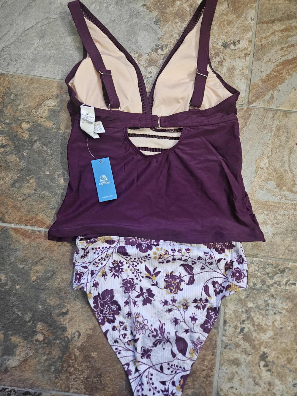 NWT-Medium Cutout V-Neck Tankini Top & Boho Mid Rise Set - Picture 3 of 6